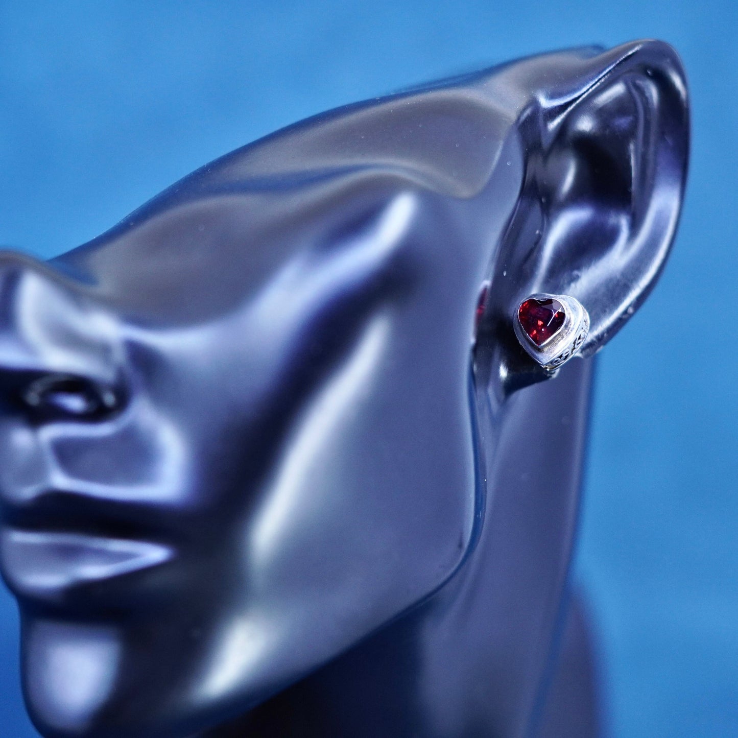 Vintage Sterling silver handmade earrings, 925 heart studs with ruby