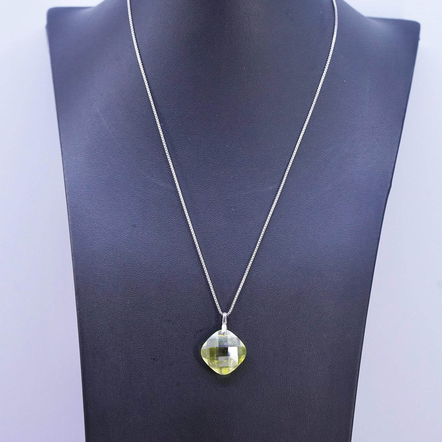 18", vintage Sterling silver necklace, 925 box chain lemon quartz pendant