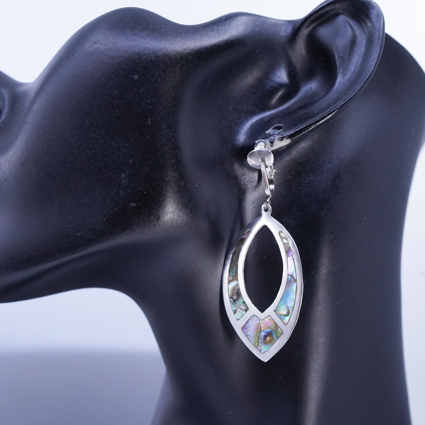 Vintage Mexican Sterling 925 silver earrings, leaf dangles clip on with abalone