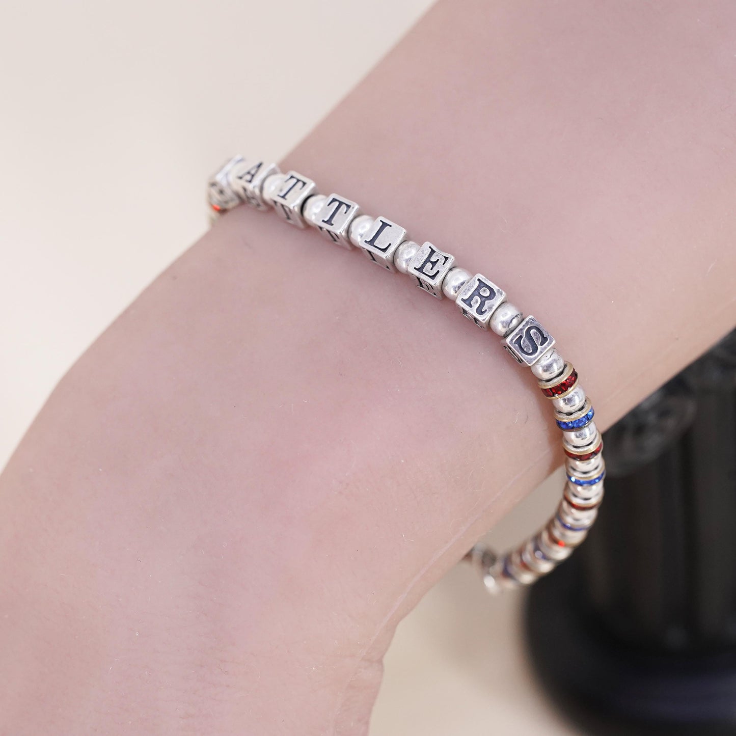 7", vintage Sterling 925 Silver and crystal beads bracelet name Rattlers cubes
