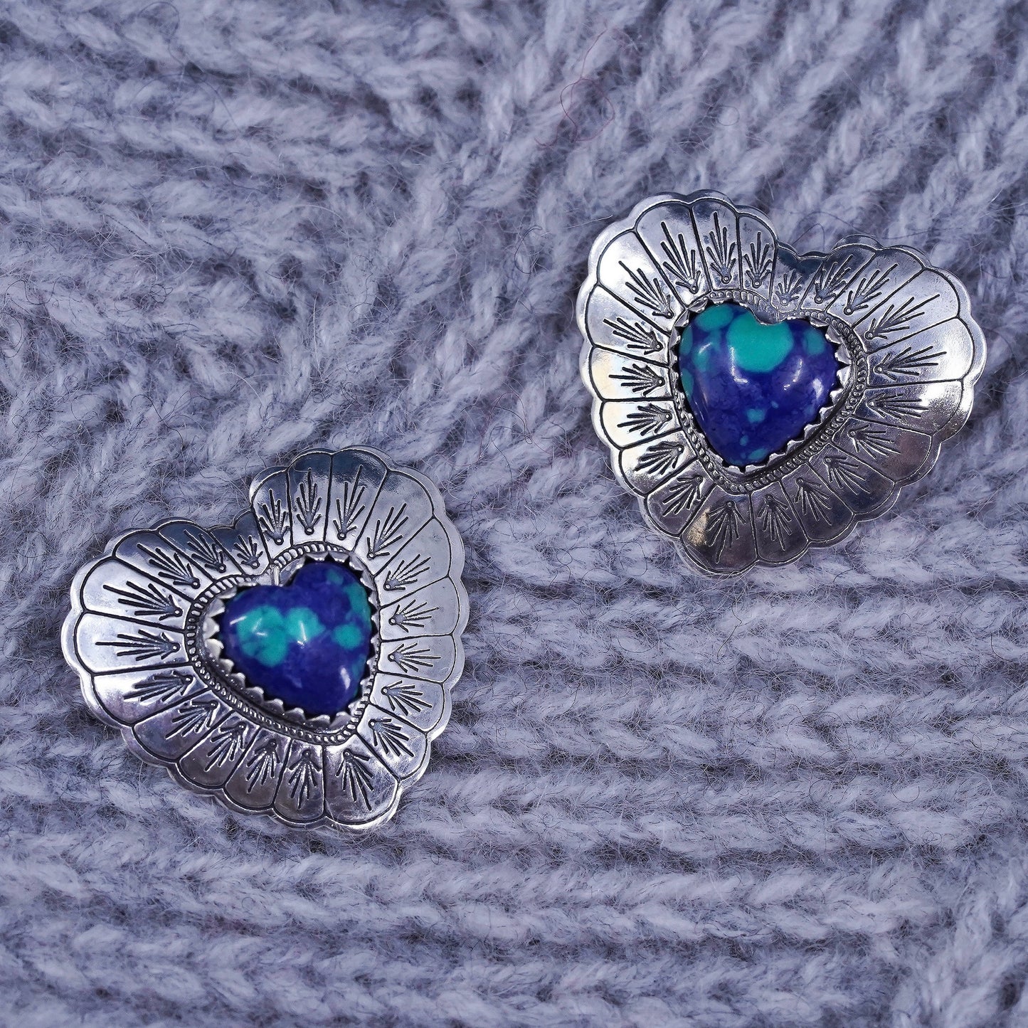 QT Quoc Turquoise Inc Sterling 925 silver handmade heart earrings w/ turquoise