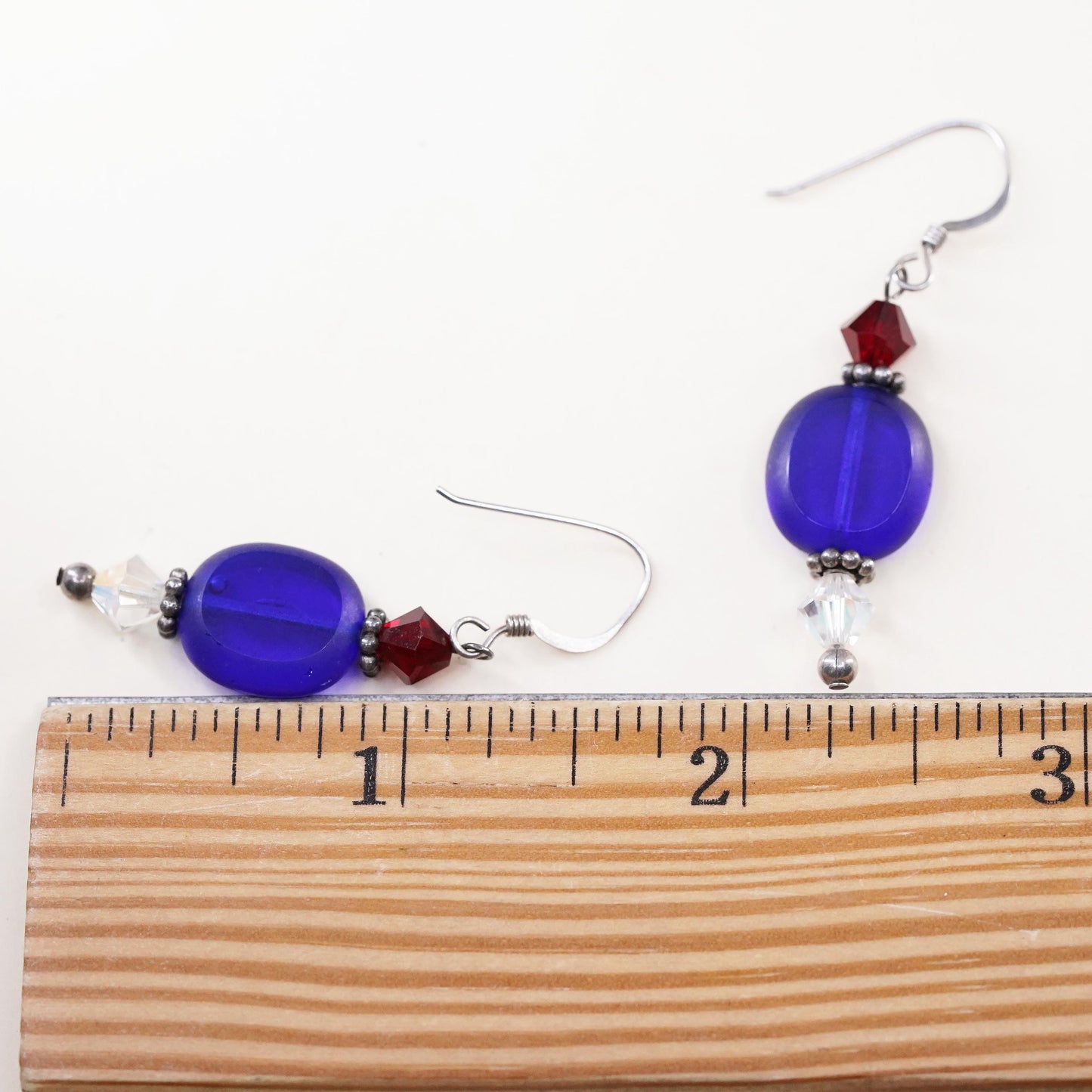VTG Sterling silver handmade earrings, 925 hooks blue artisan glass drops ruby