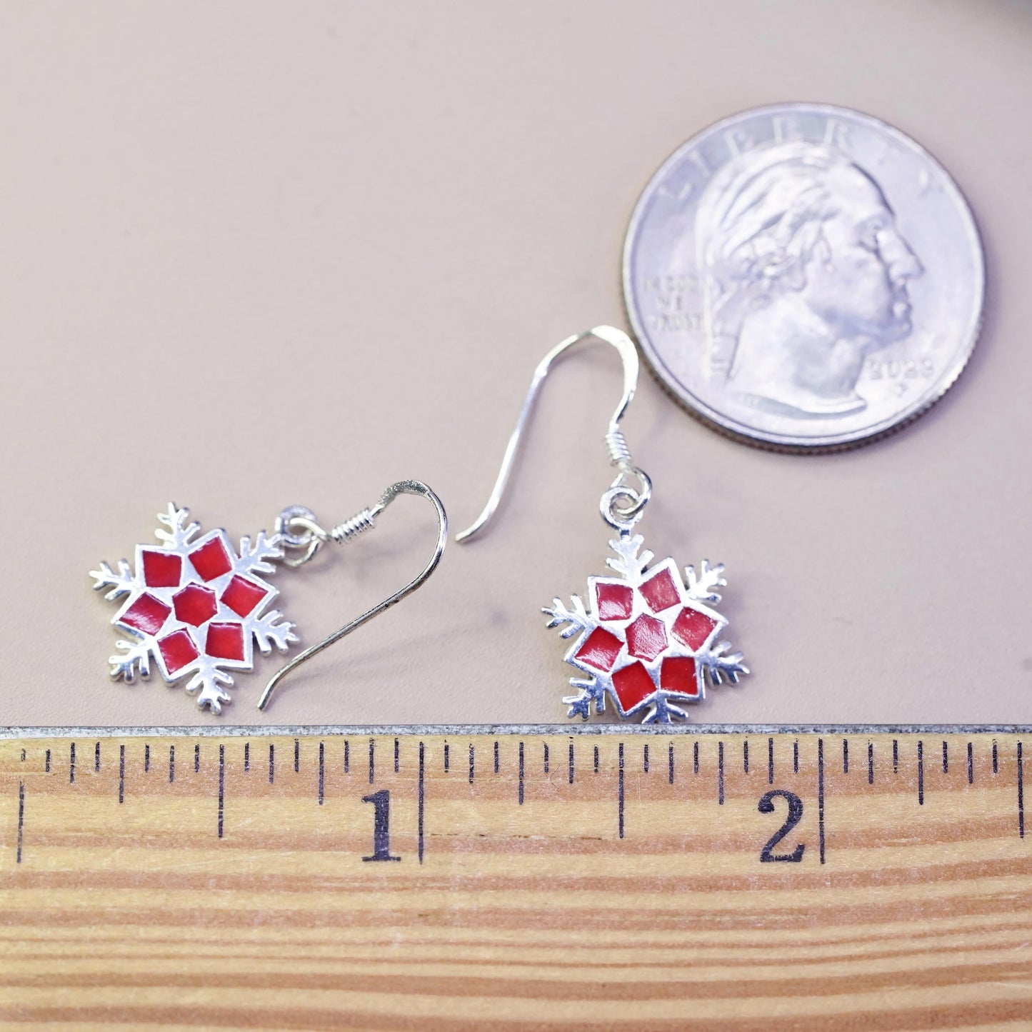 Vintage sterling silver handmade earrings, 925 hooks red enamel snowflake drops