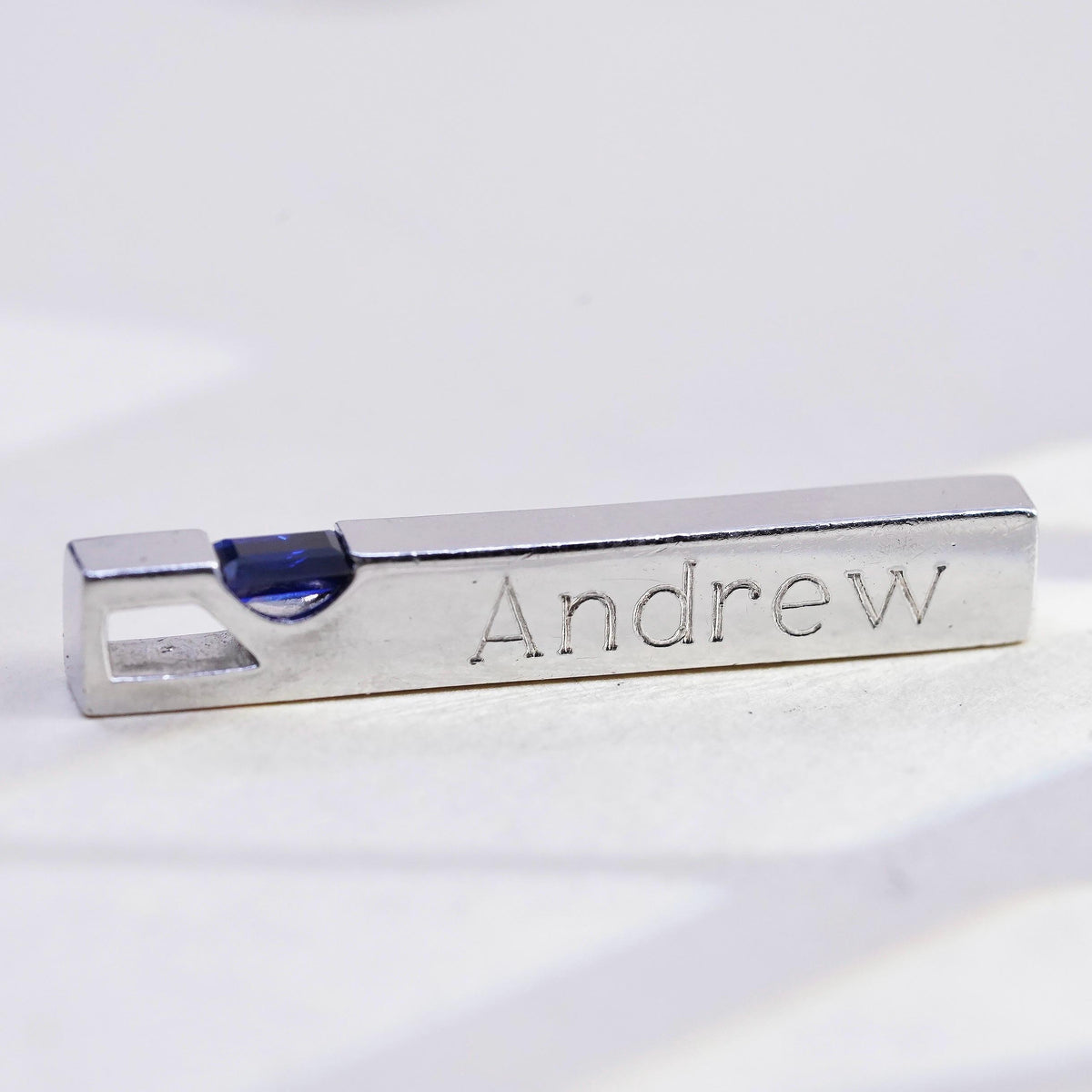 Vintage 3D sterling 925 silver 3D bar w/ sapphire pendant engraved name Andrew