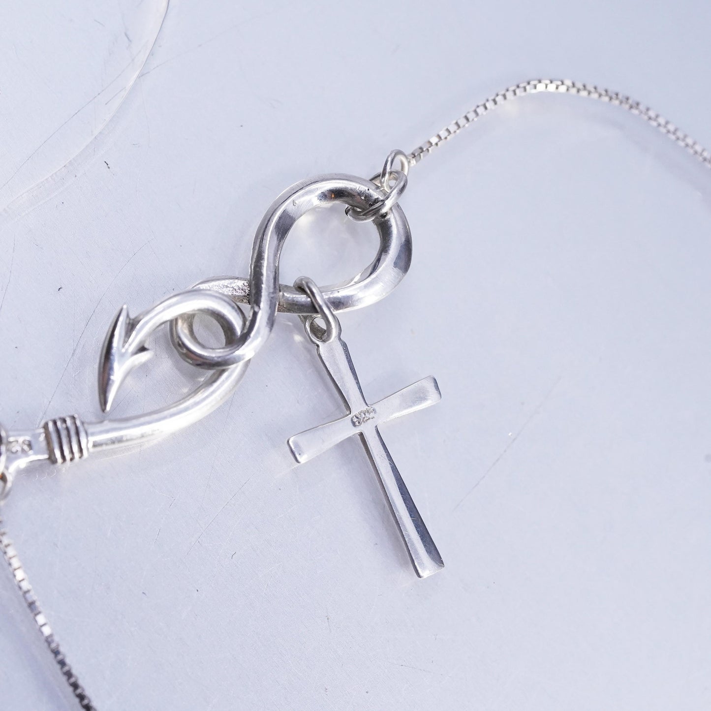 18" Sterling 925 Silver Fish Hook Infinity Cross Necklace, Pendant Christian