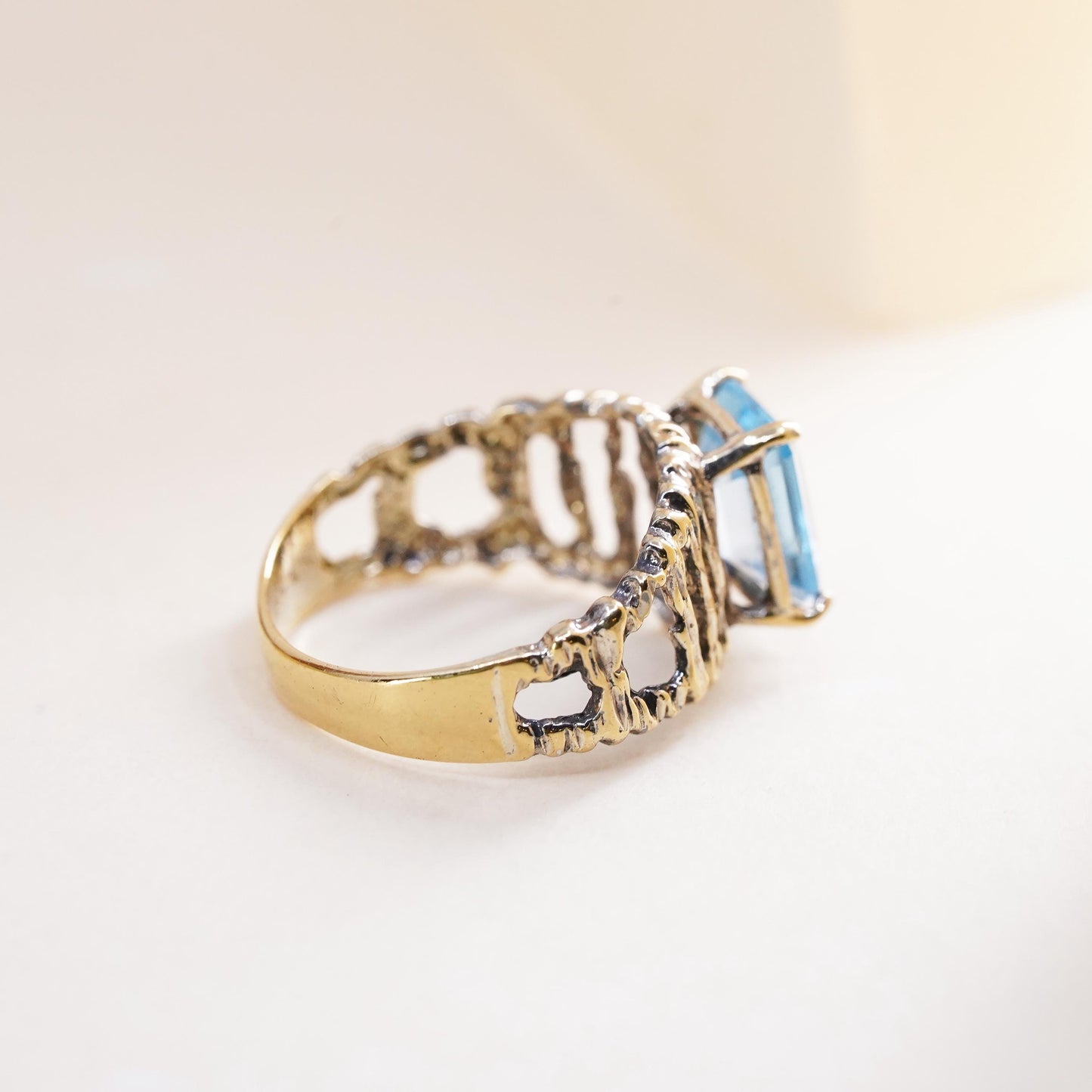 Size 7, vermeil gold over Sterling 925 silver ring with emerald cut topaz