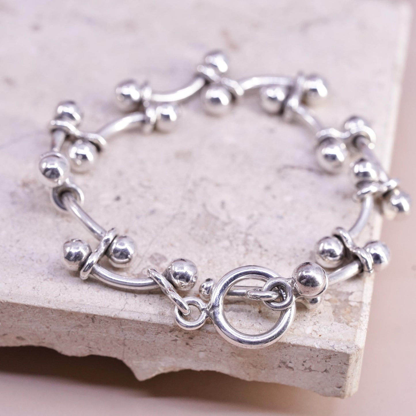 6.5”, vintage Sterling silver bracelet, 925 ball bar link chain toggle closure