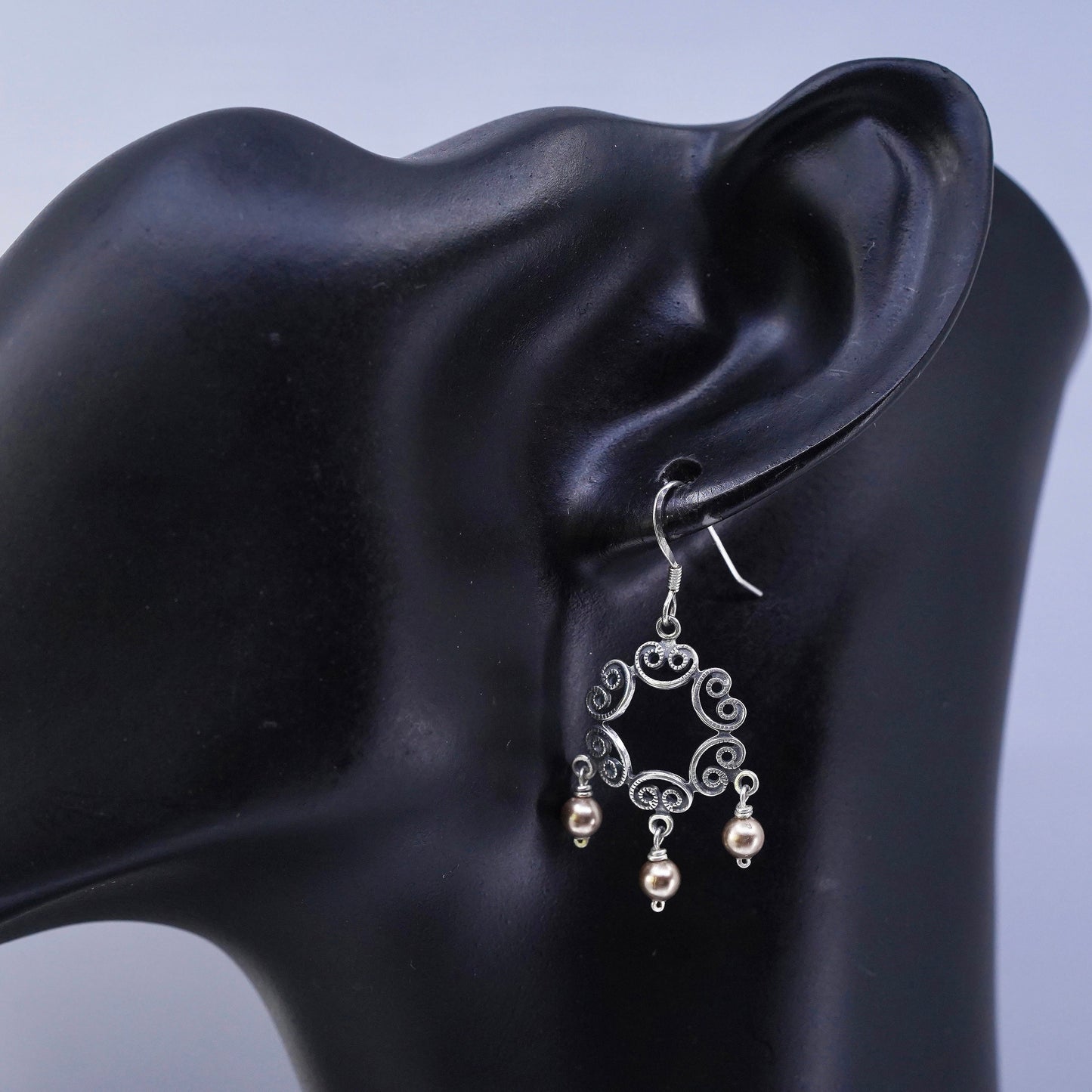 Vintage Sterling 925 silver handmade filigree earrings with pearl