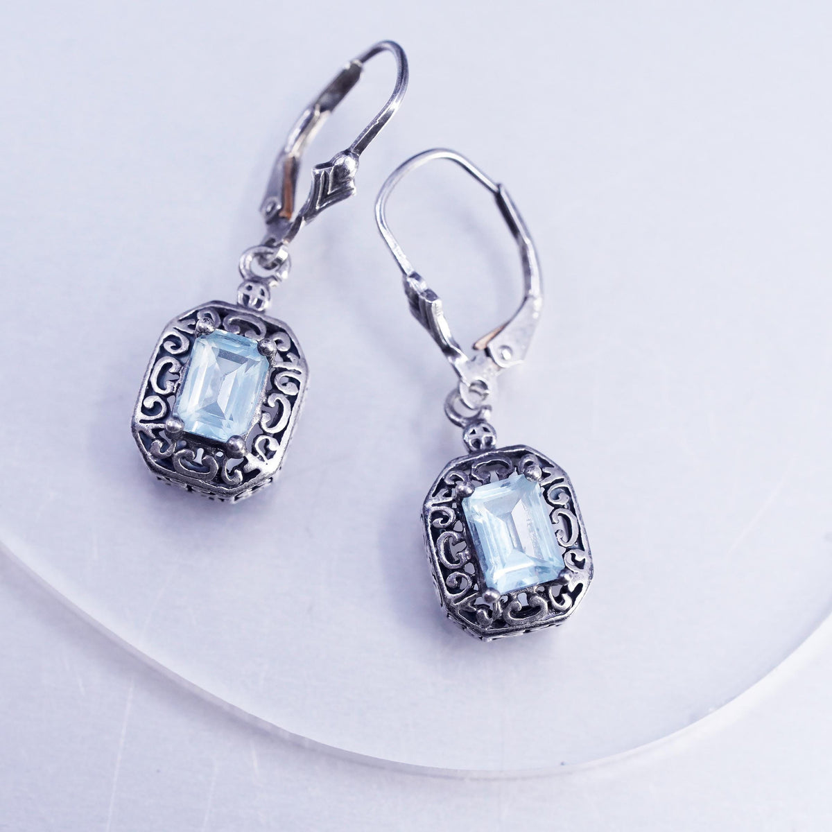 Sterling Silver Blue Topaz Earrings 925 Ornate Dangle Leverback Earrings