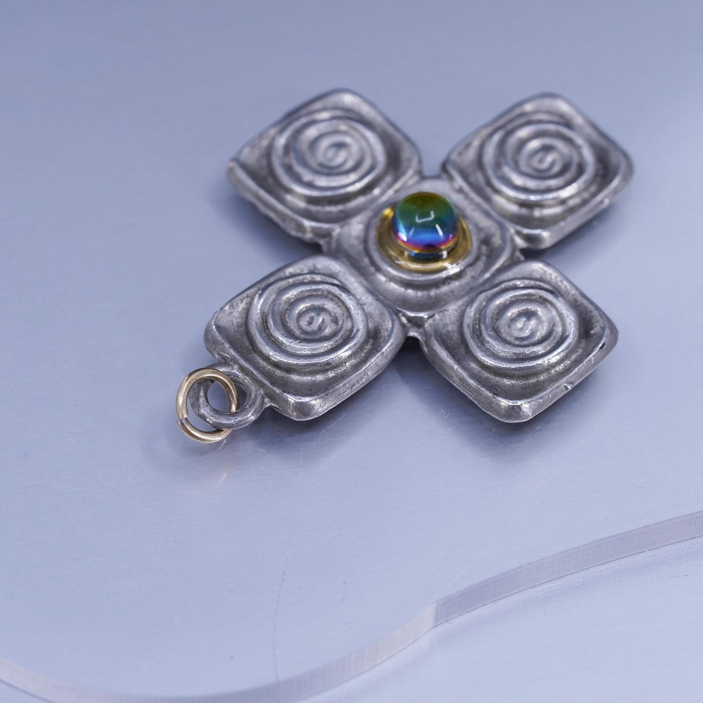 Vintage sterling 925 silver handmade cross pendant with glass bead