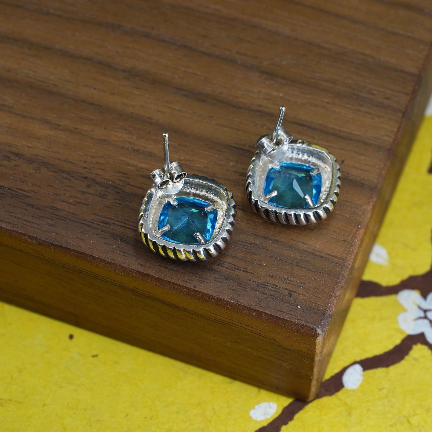 Vintage Sterling silver handmade earrings, 925 rubber studs with blue topaz
