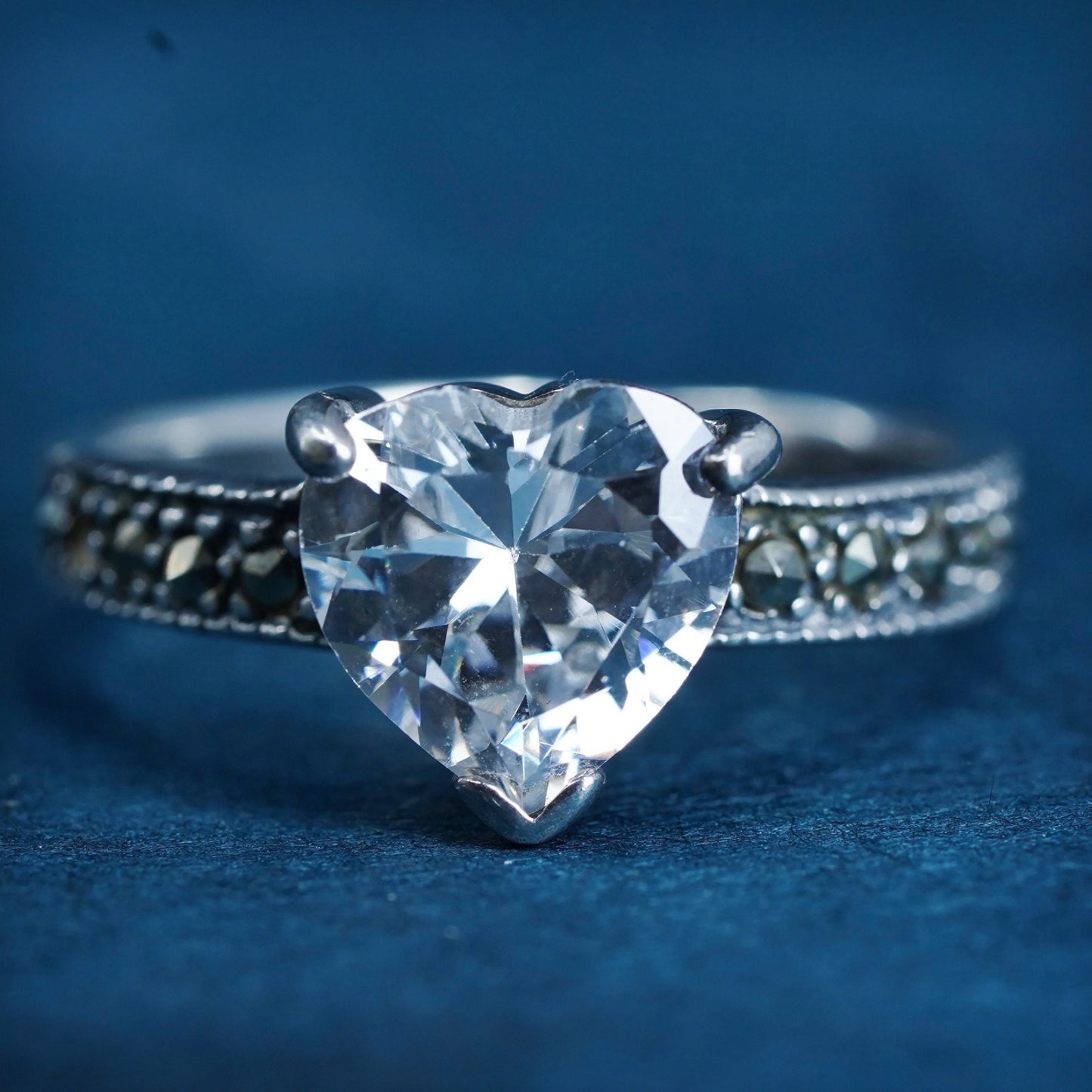 Size 8, Sterling silver 925 engagement ring with heart and cluster marcasite