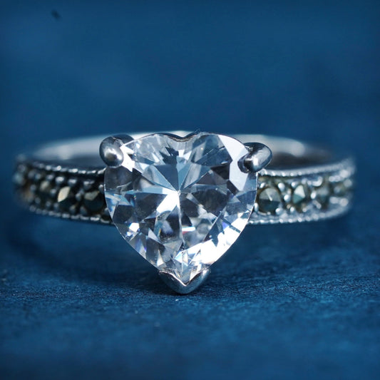 Size 8, Sterling silver 925 engagement ring with heart and cluster marcasite