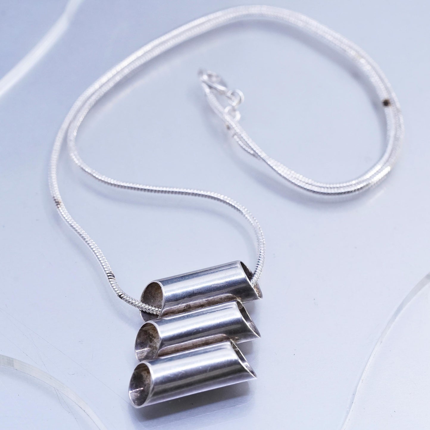 22" 1.6mm, vintage Sterling 925 silver snake chain necklace triple tube pendant