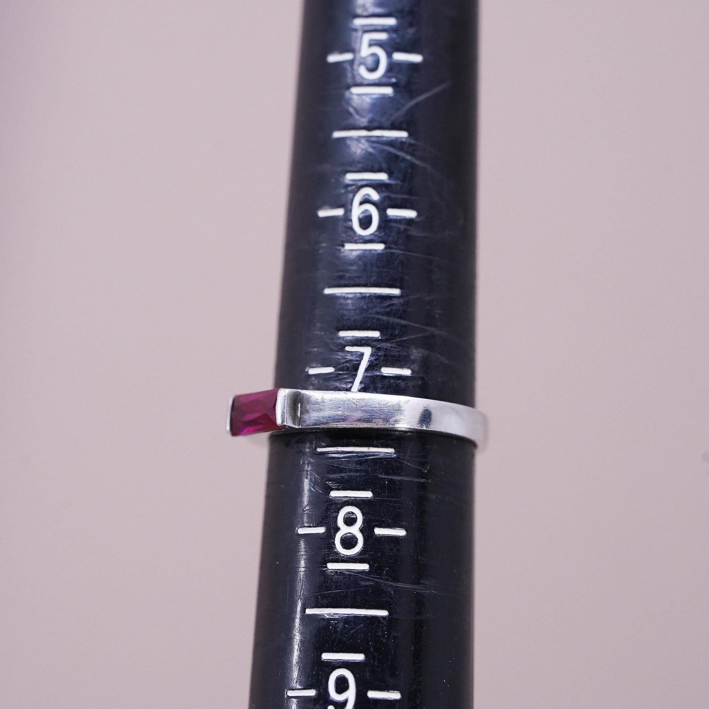 Size 7.25, vintage Sterling 925 silver handmade stackable ring with ruby inlay