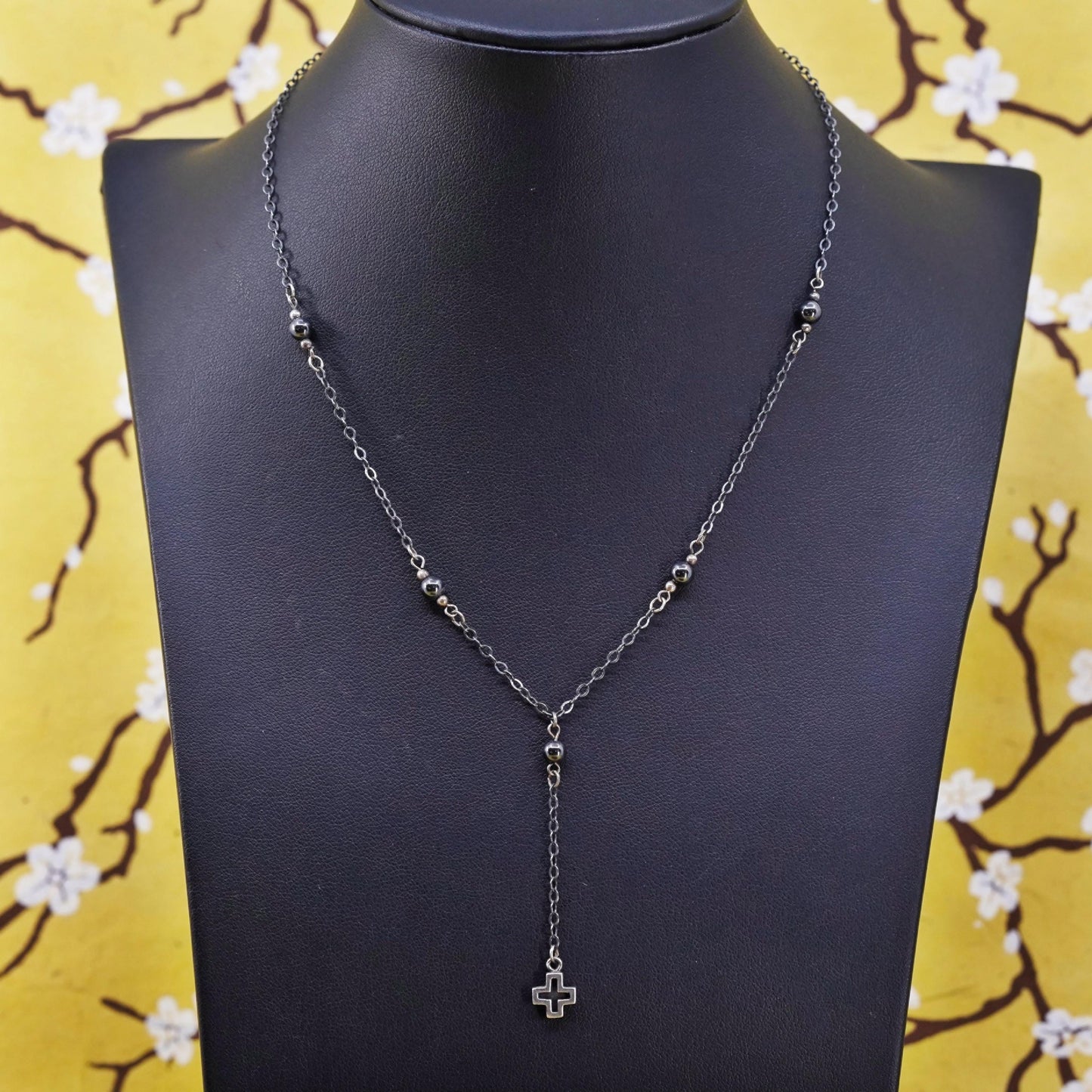 16”, Sterling 925 silver handmade circle silver chain with hematite beads cross