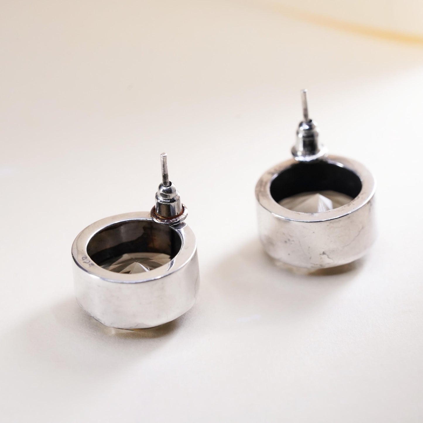 0.5”, Vintage sterling silver smoky quartz circle studs, fashion minimalist earrings