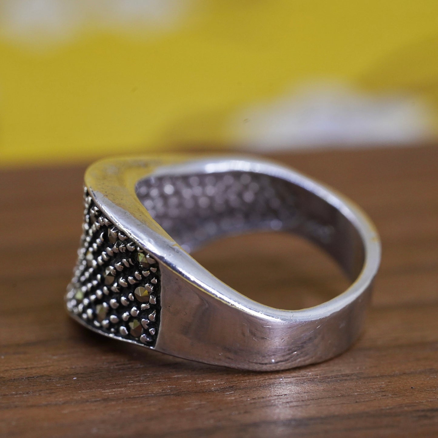 Size 8, Sterling silver handmade ring, southwestern, 925 wavy band marcasite