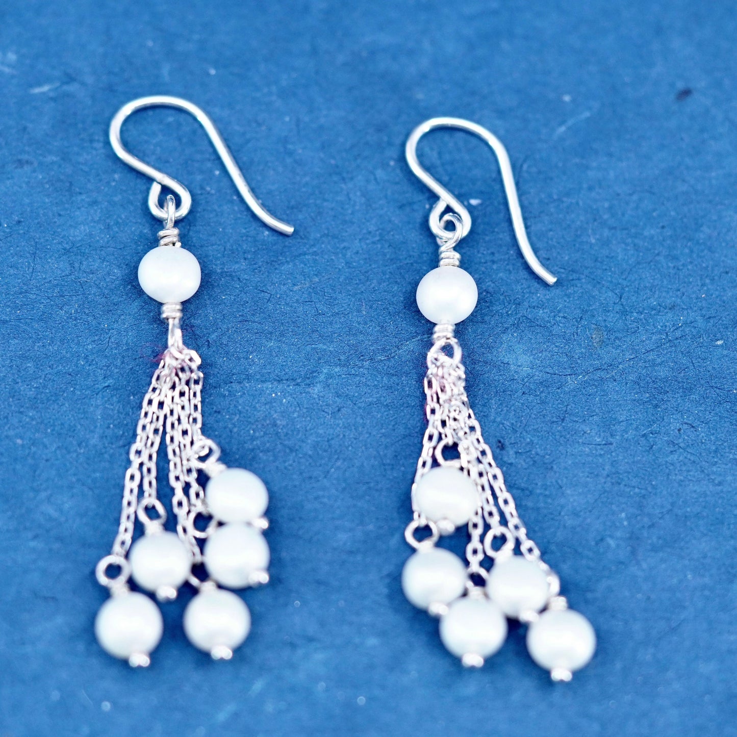 Vintage Sterling silver handmade earrings, 925 fringe with cluster pearl