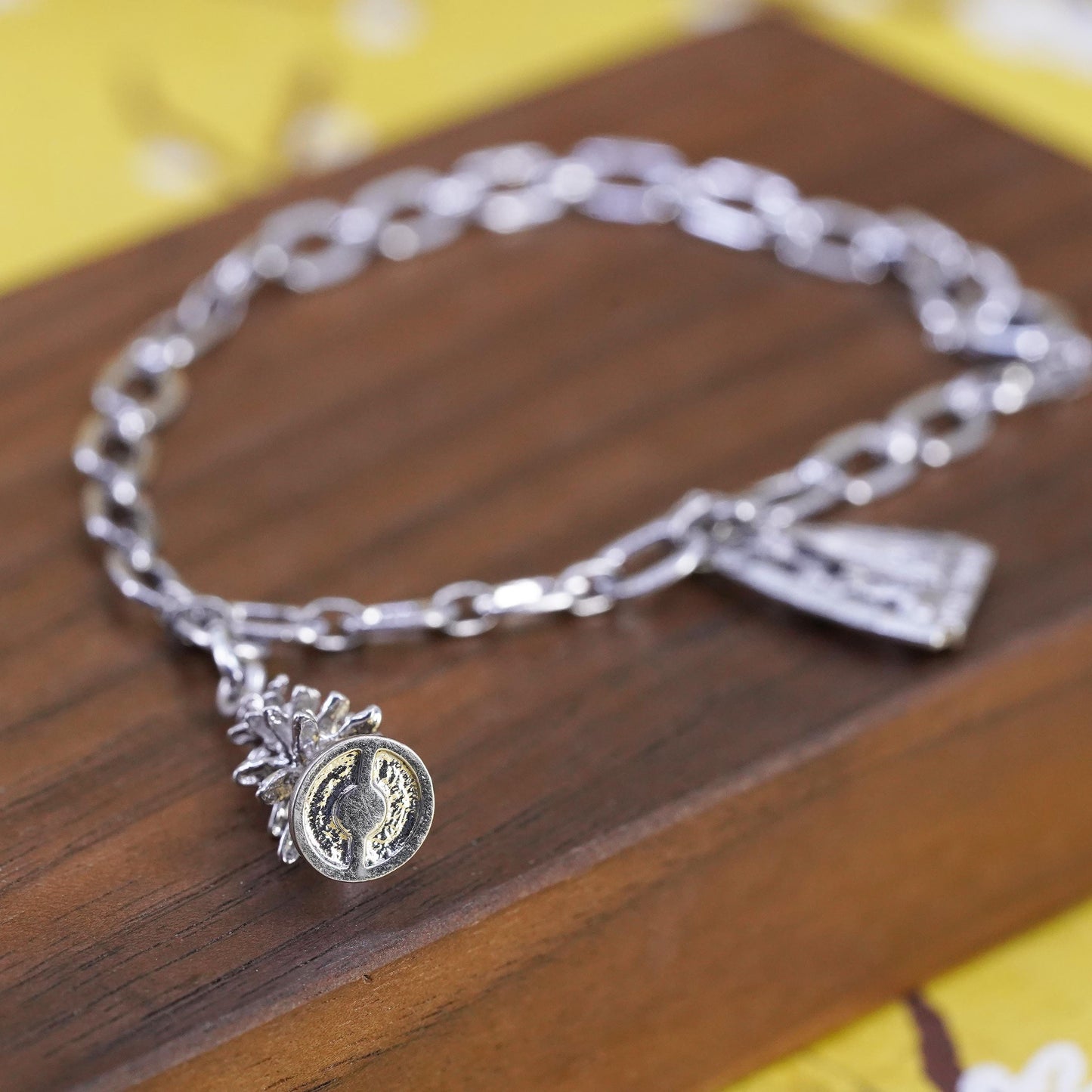 6.5”, Sterling silver 925 curb chain bracelet 2 charms, Christmas tree Baptism