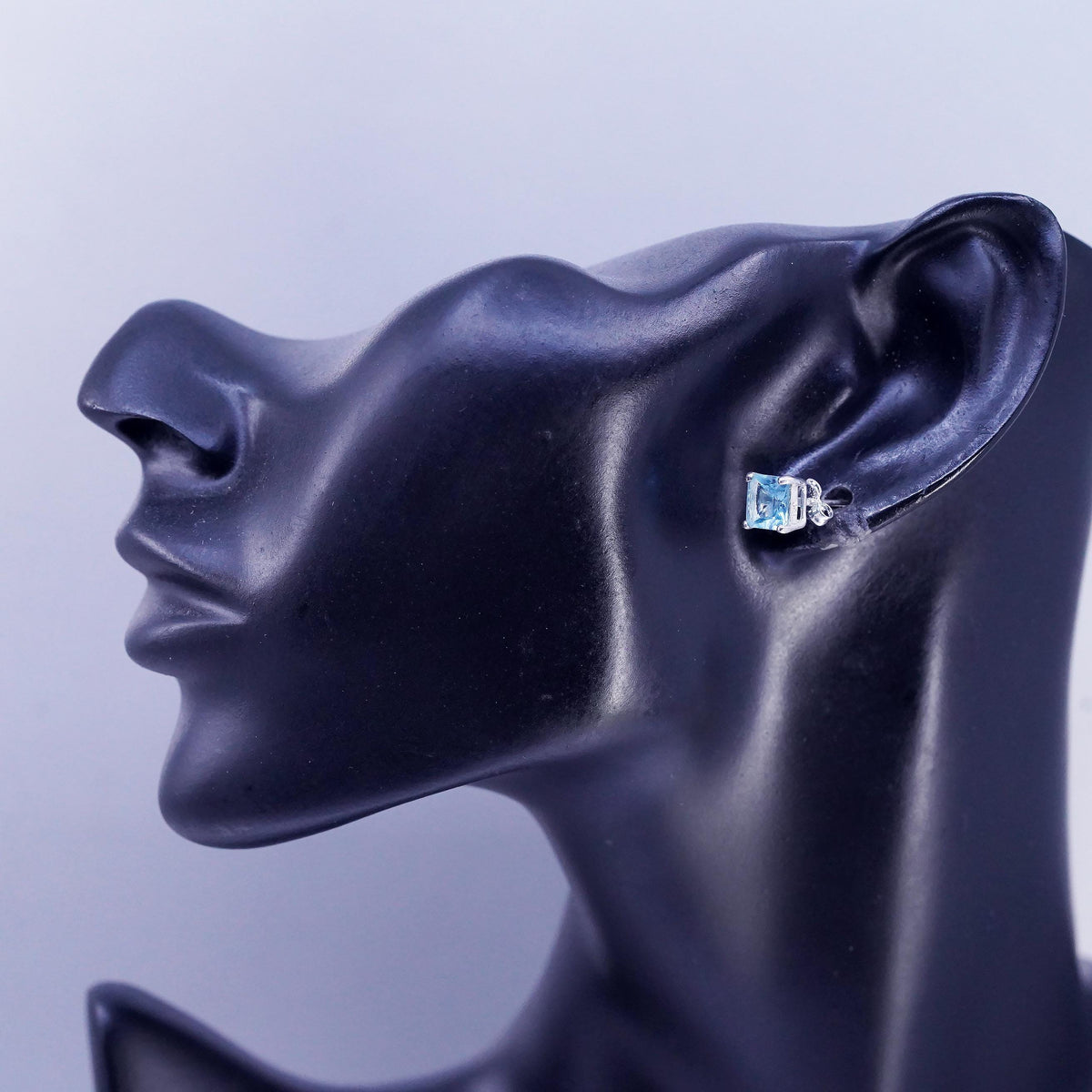 Vintage Sterling 925 silver earrings, square studs with 7mm topaz inlay