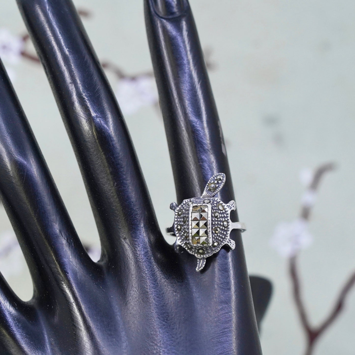 Size 7, sterling silver handmade ring, 925 turtle with movable head marcasite
