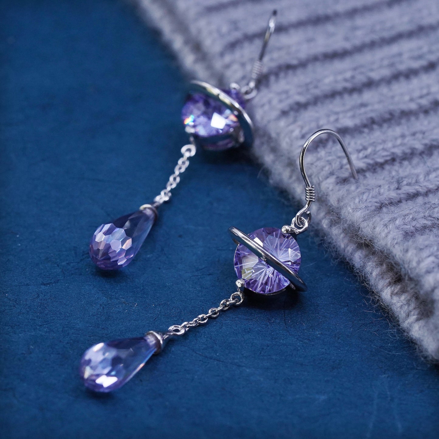 Vintage sterling 925 silver handmade planet earrings with teardrop amethyst