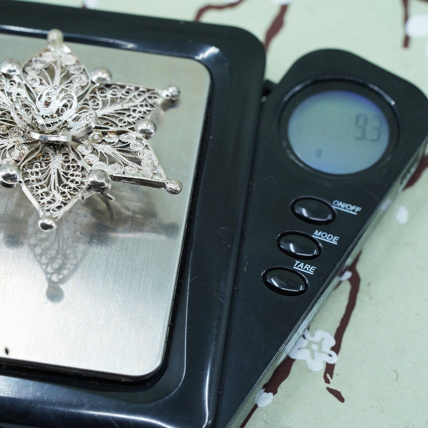 Vintage sterling silver handmade brooch, 925 filigree snowflake pin