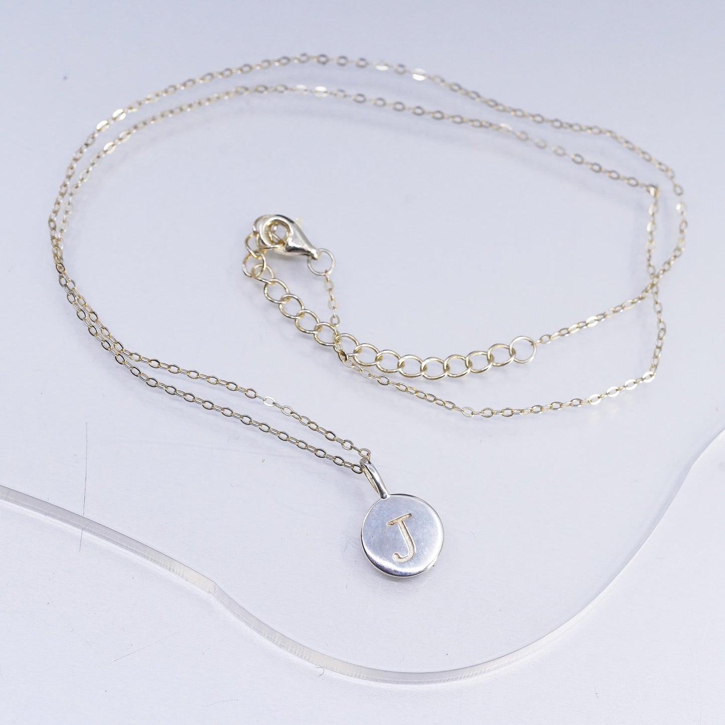 16+2", vermeil gold plated Sterling silver necklace 925 circle letter J pendant