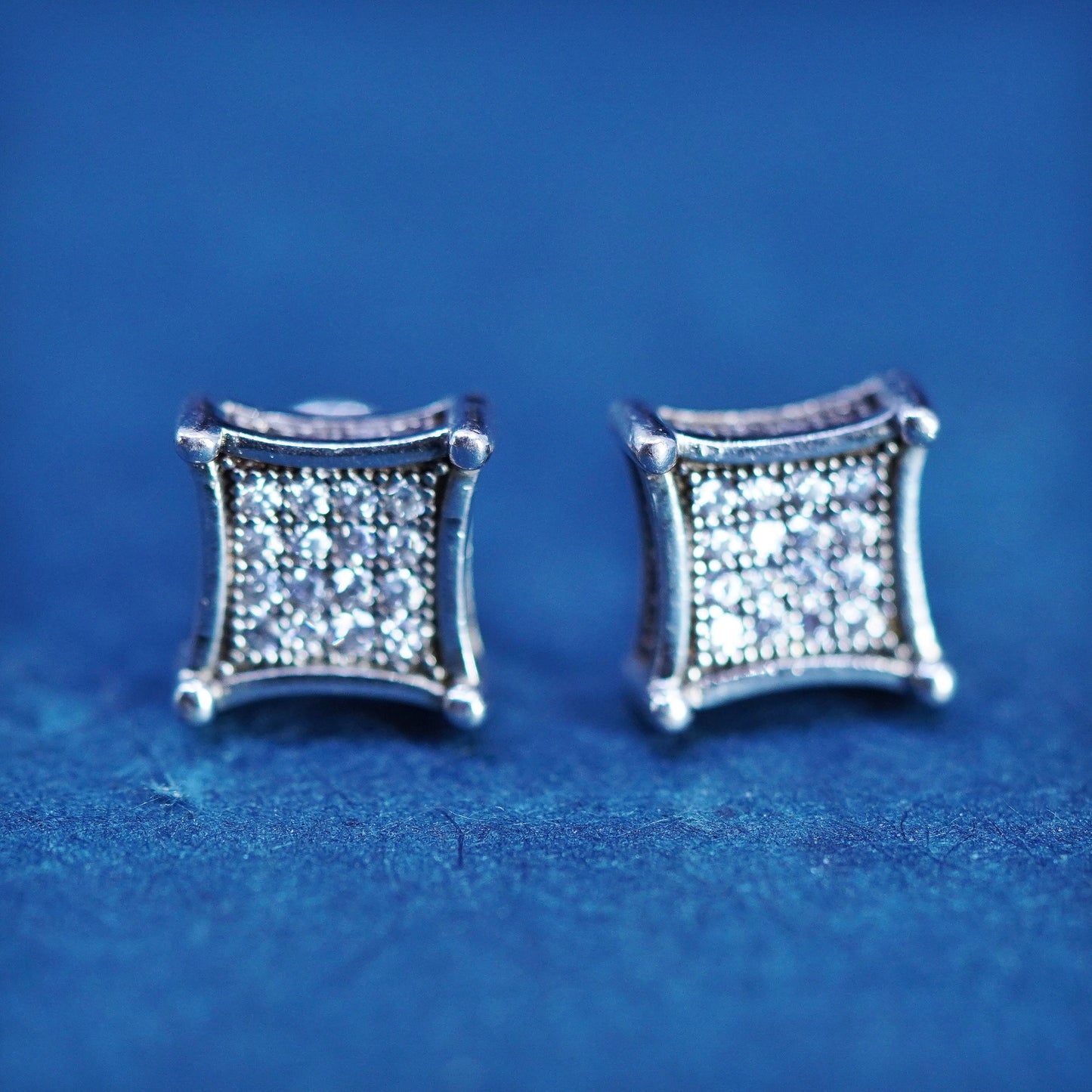 Vintage sterling silver handmade earrings, 925 square studs with cluster CZ