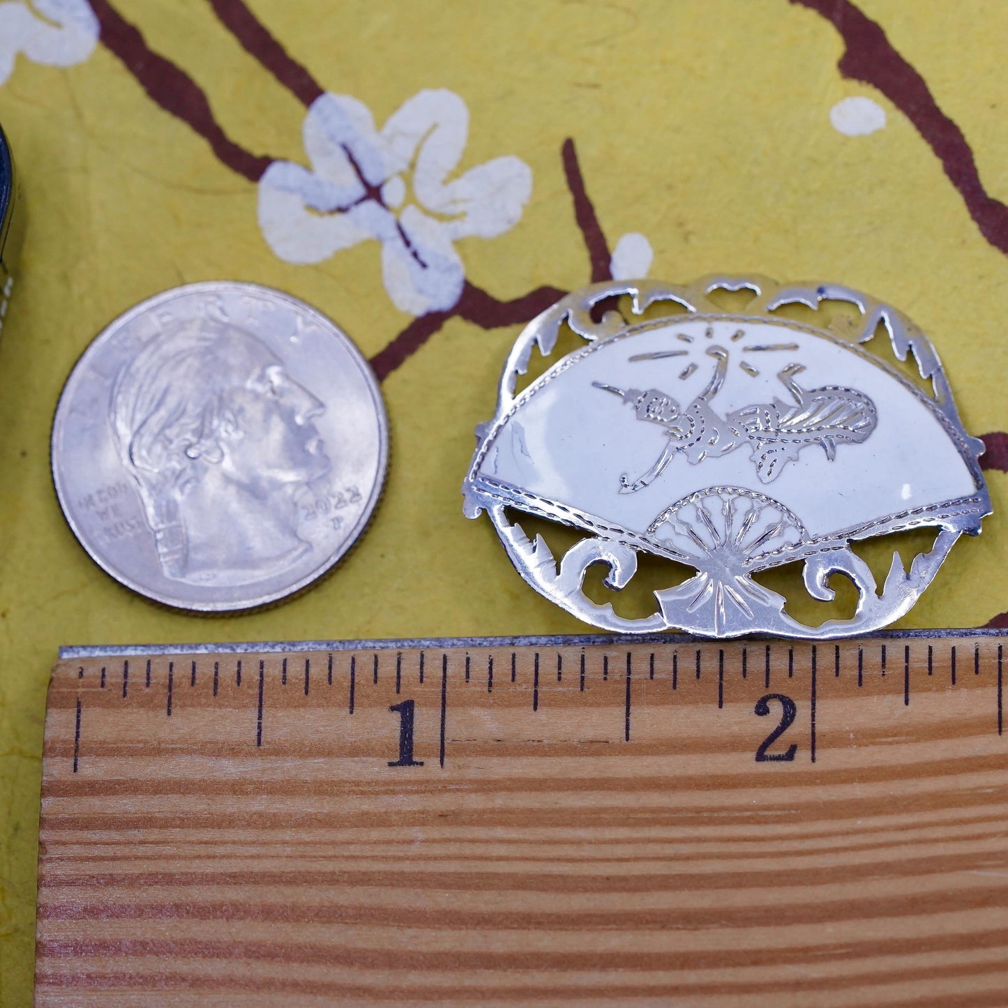 Vintage Indian SIAM white enamel sterling 925 silver fan brooch with goddess