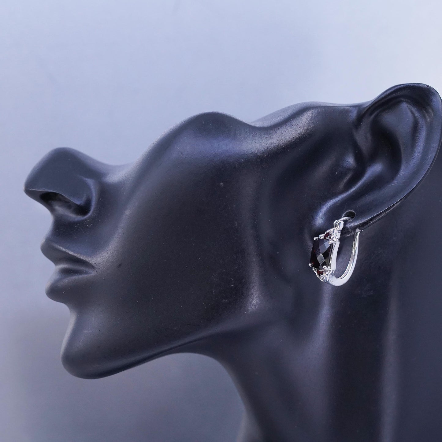 0.75”, vintage fashionable Sterling silver earrings, 925 Huggie hoops garnet