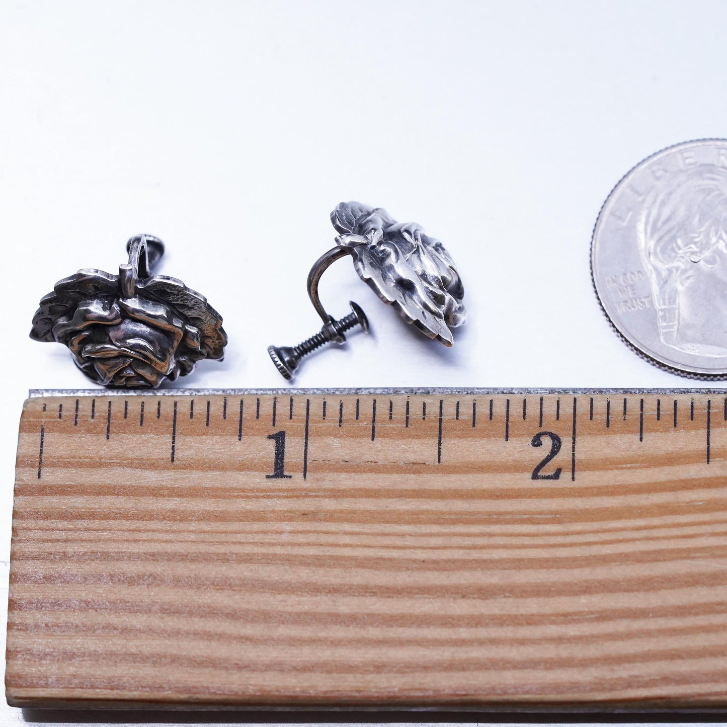 Vintage Sterling 925 silver handmade earrings, flower rose screw back flower