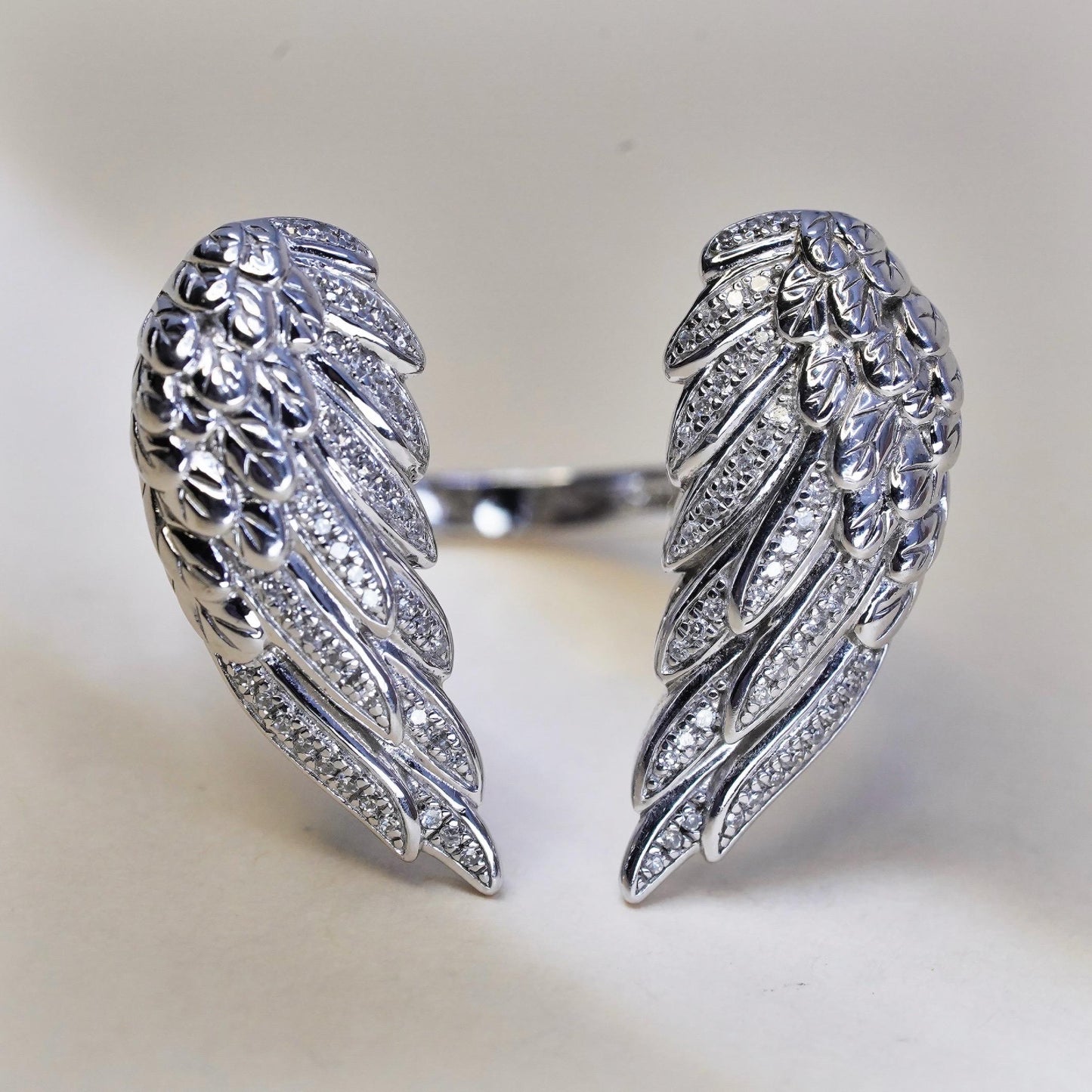 Size adjustable VTG EA sterling 925 silver angel wings ring cluster diamonds