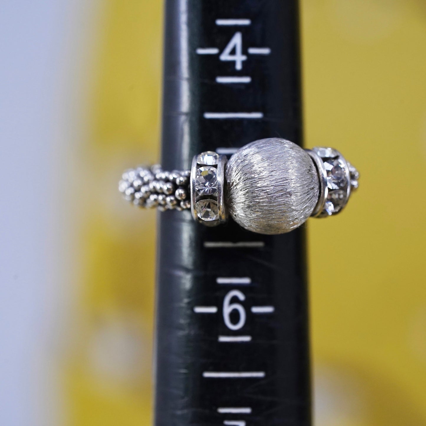 Size 5, vintage Sterling 925 silver handmade stretch beaded ring with cz
