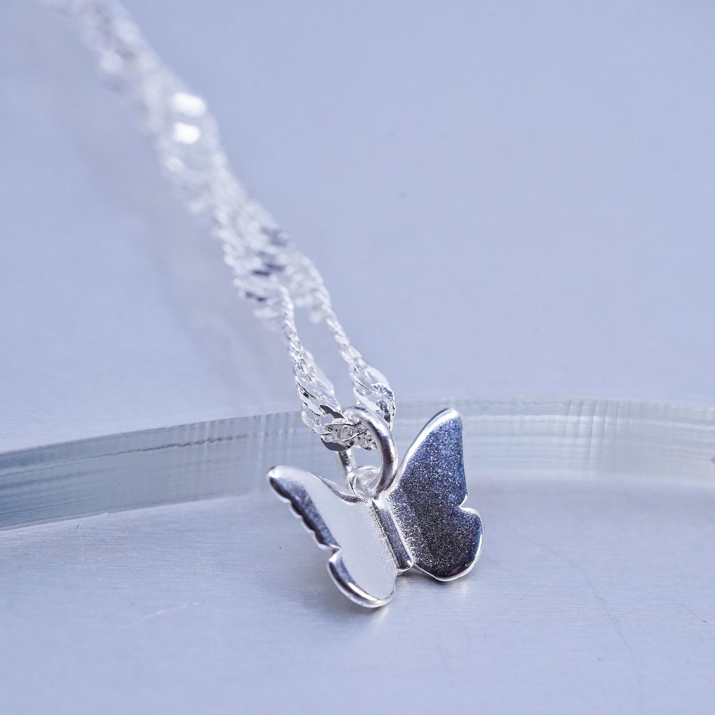 16+1.5” Sterling 925 silver twisted curb chain necklace with butterfly pendant