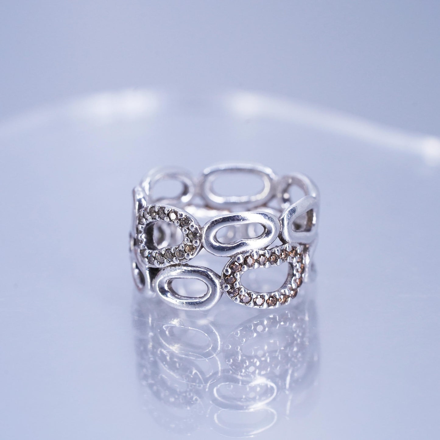 Size 6, vintage ALE Sterling 925 silver entwined ring with cluster cz, band