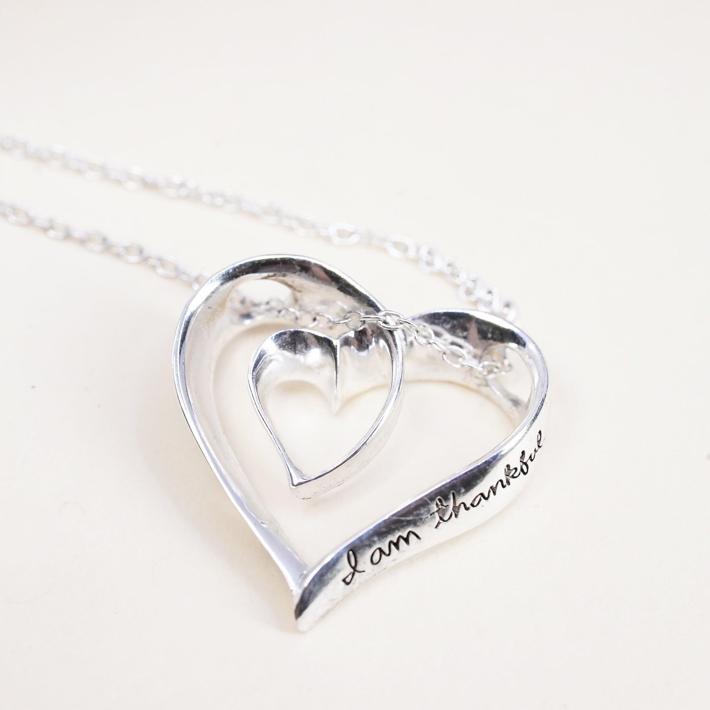 18", Sterling silver necklace, 925 heart pendant embossed I’m thankful your