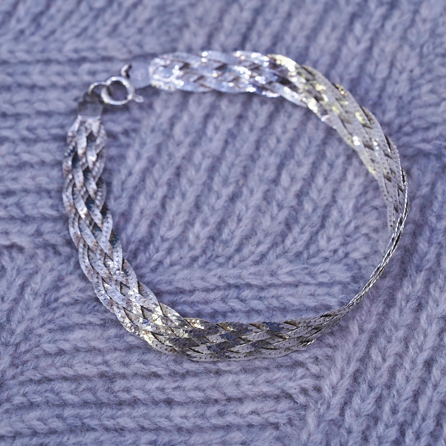 7", 8mm, vintage Sterling silver bracelet, textured 925 herringbone woven chain