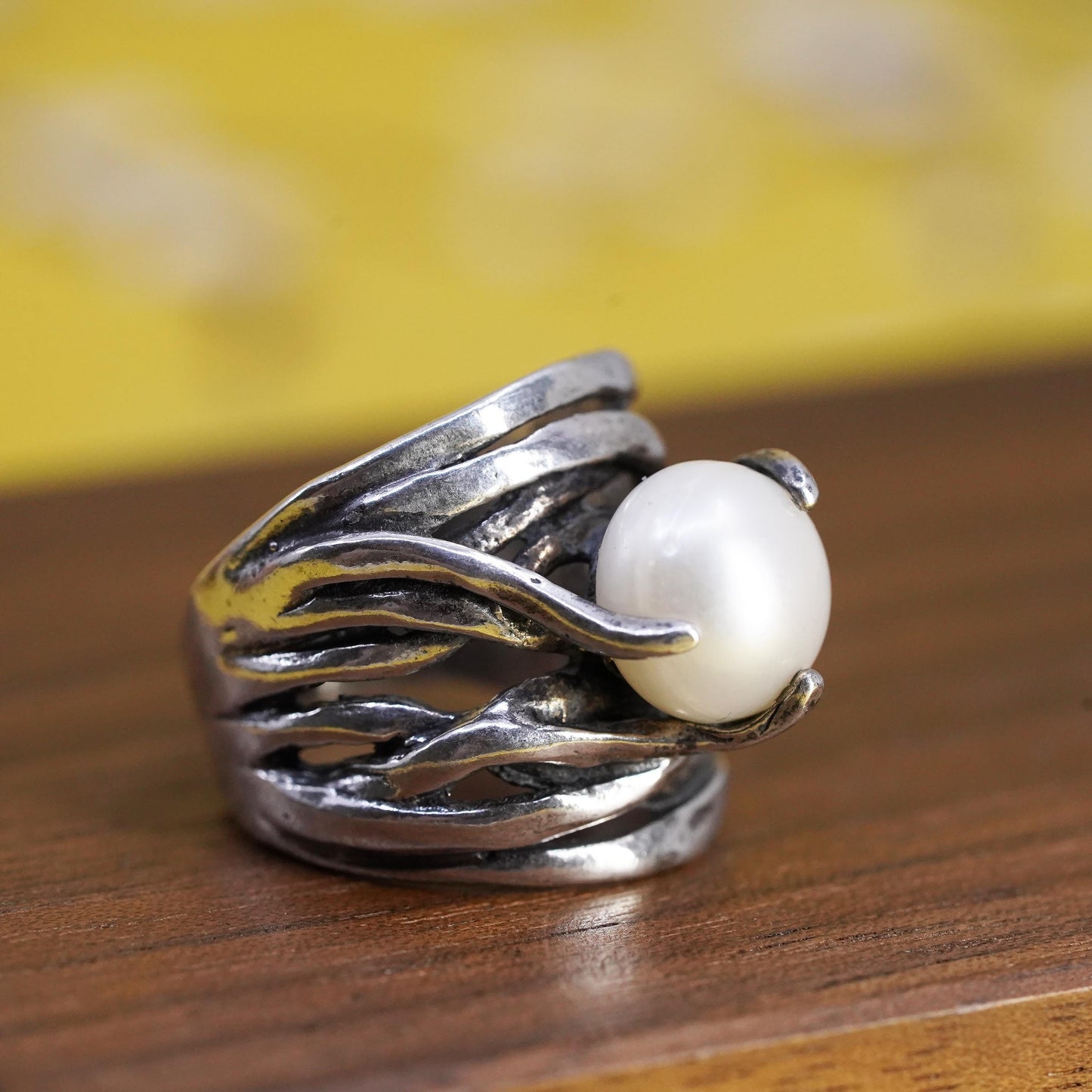 Size 6.75, VTG Israel Noa Zuman sterling silver 925 handmade vine ring pearl