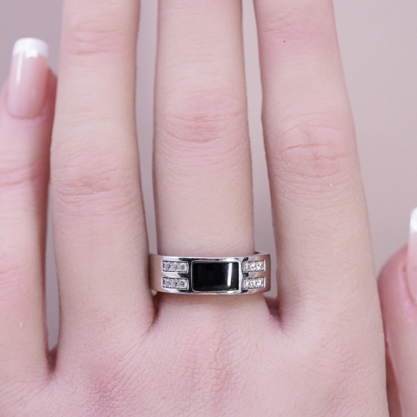 Size 8, 925 Sterling Silver Black Onyx Ring, Men’s CZ Band, Modernist Wide Ring