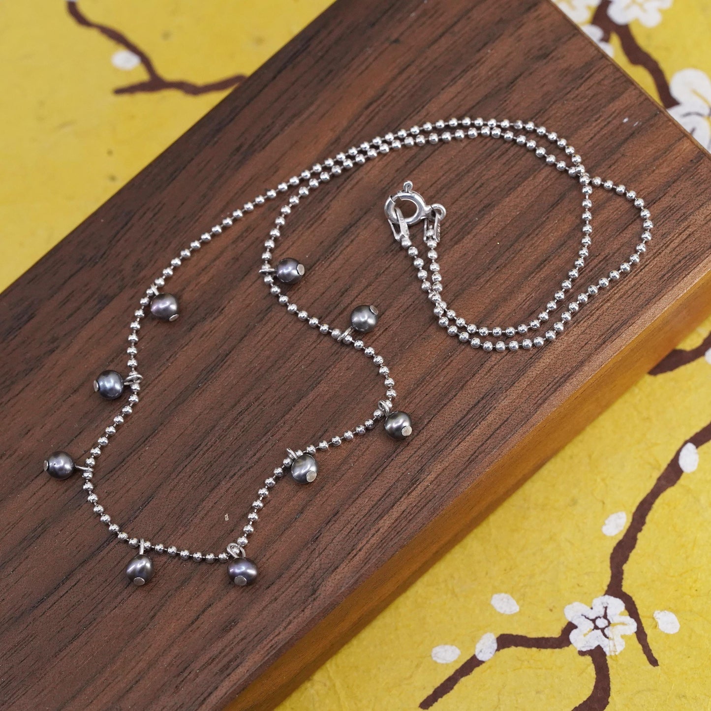16", Italian Sterling 925 silver bead chain necklace with black pearls beads