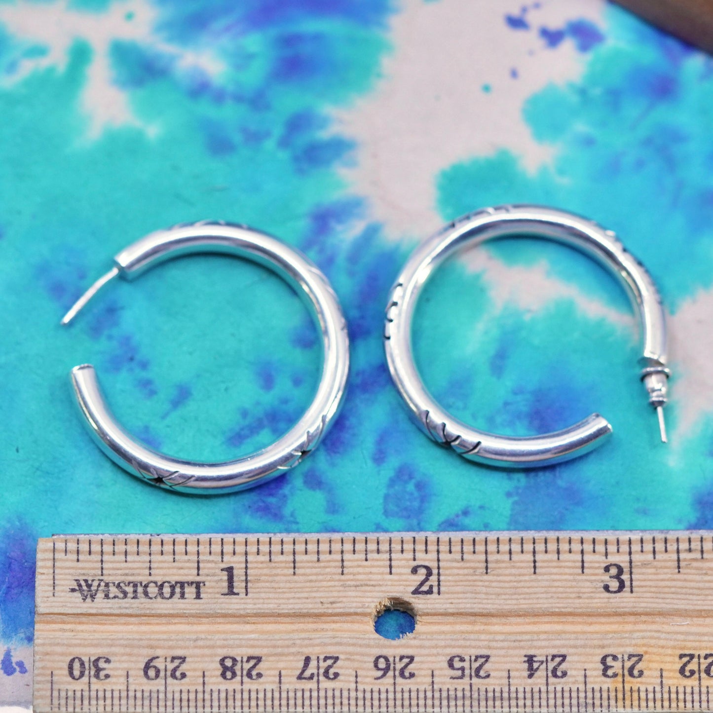 1.5”, Mexico Sterling silver handmade earrings 925 Huggie studs pattern cut out