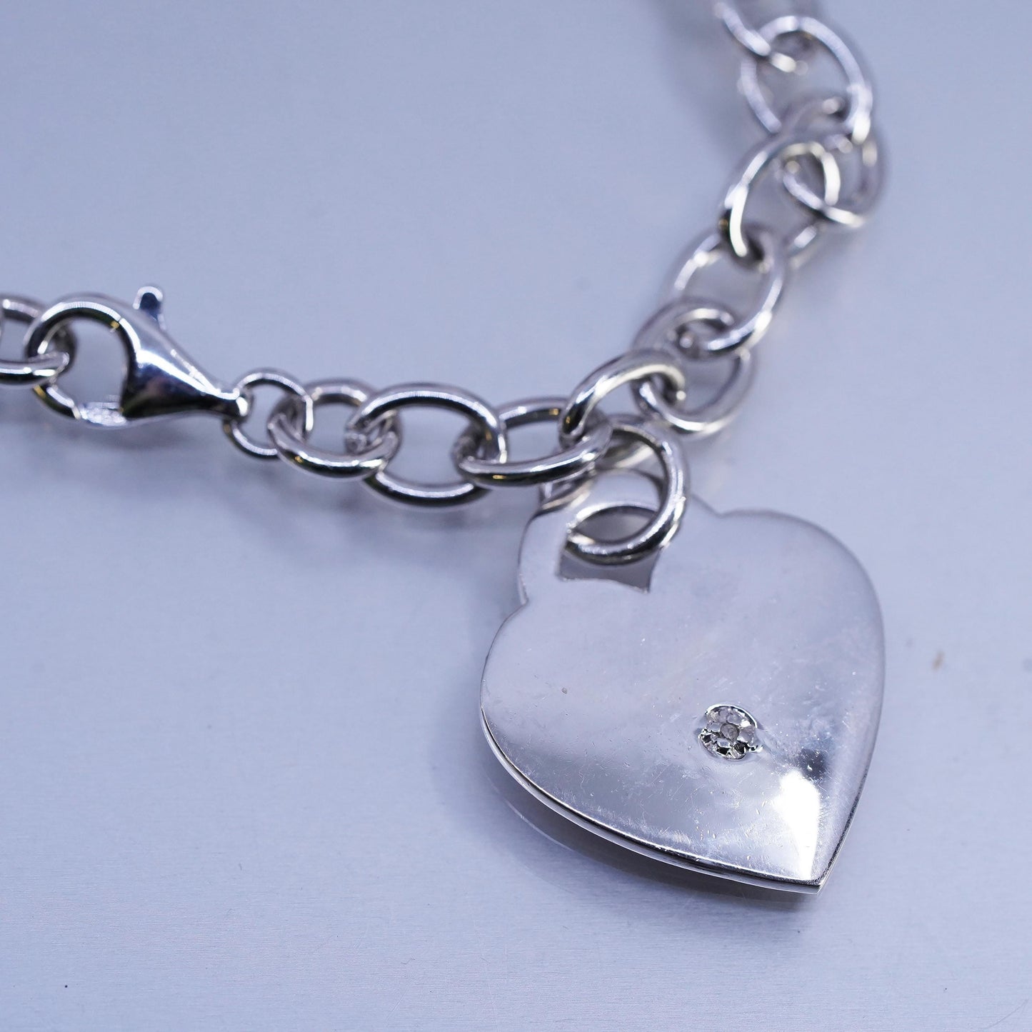 6.75", Vintage Sterling Silver Bracelet, 925 circle chain heart diamond charm