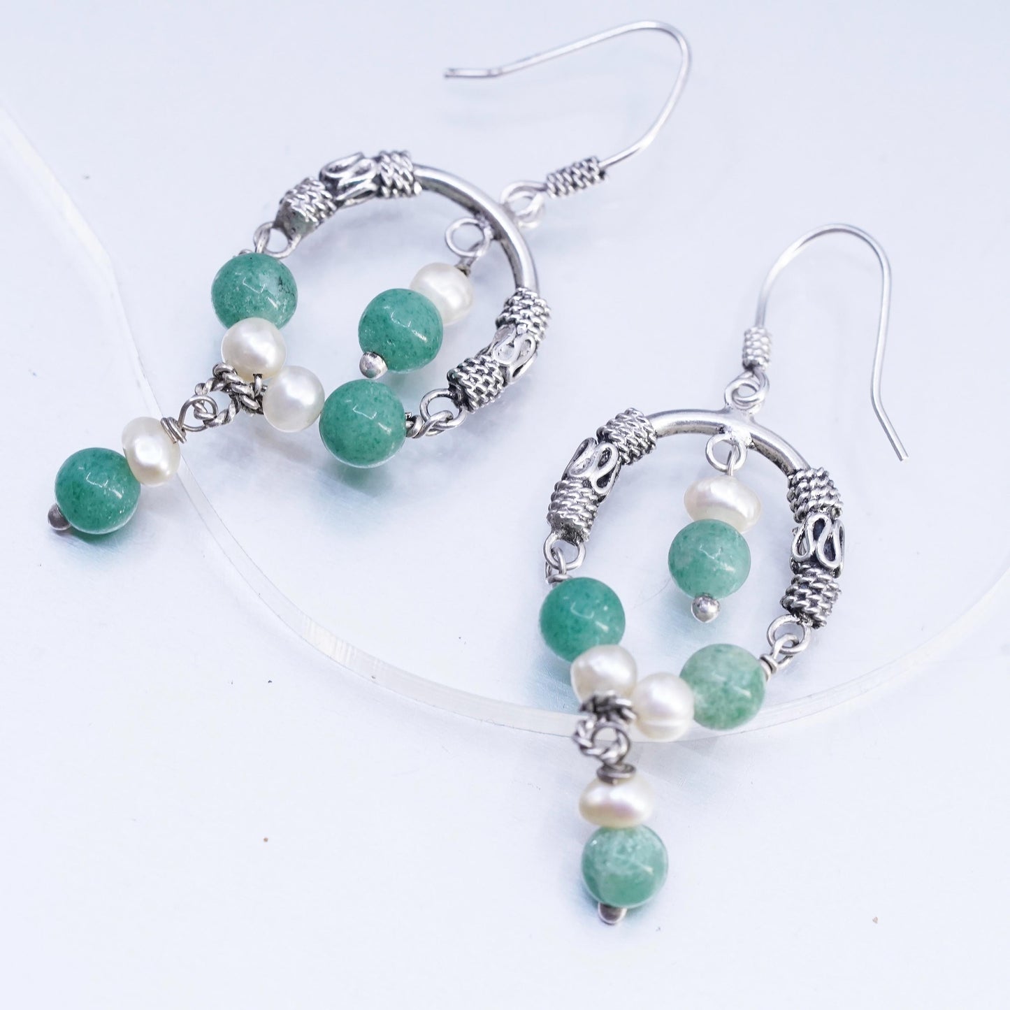 Vintage Sterling 925 silver handmade wired circle earrings jade pearl beads