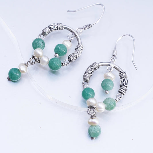 Vintage Sterling 925 silver handmade wired circle earrings jade pearl beads