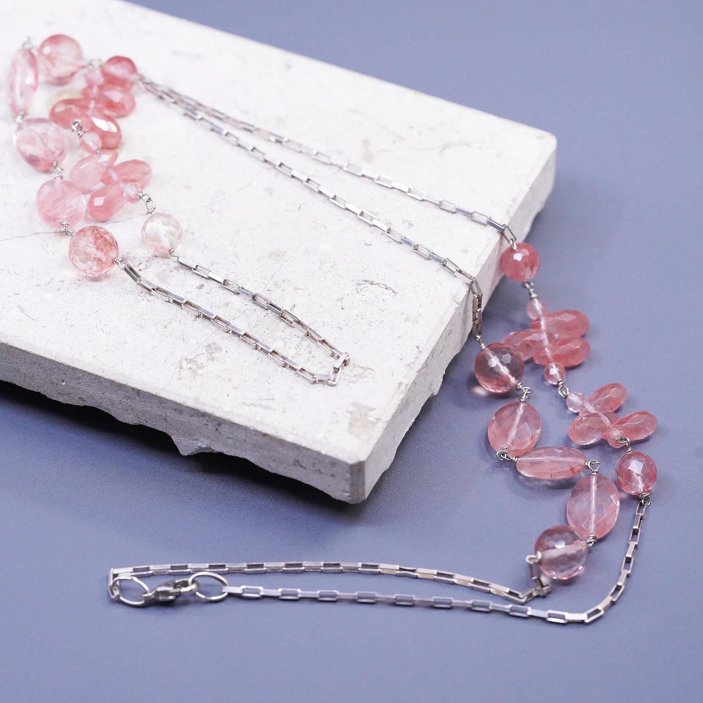34", Sterling 925 Silver extra long necklace, elongated chain rose pink Quartz