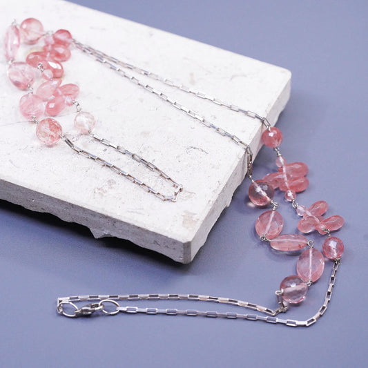 34", Sterling 925 Silver extra long necklace, elongated chain rose pink Quartz