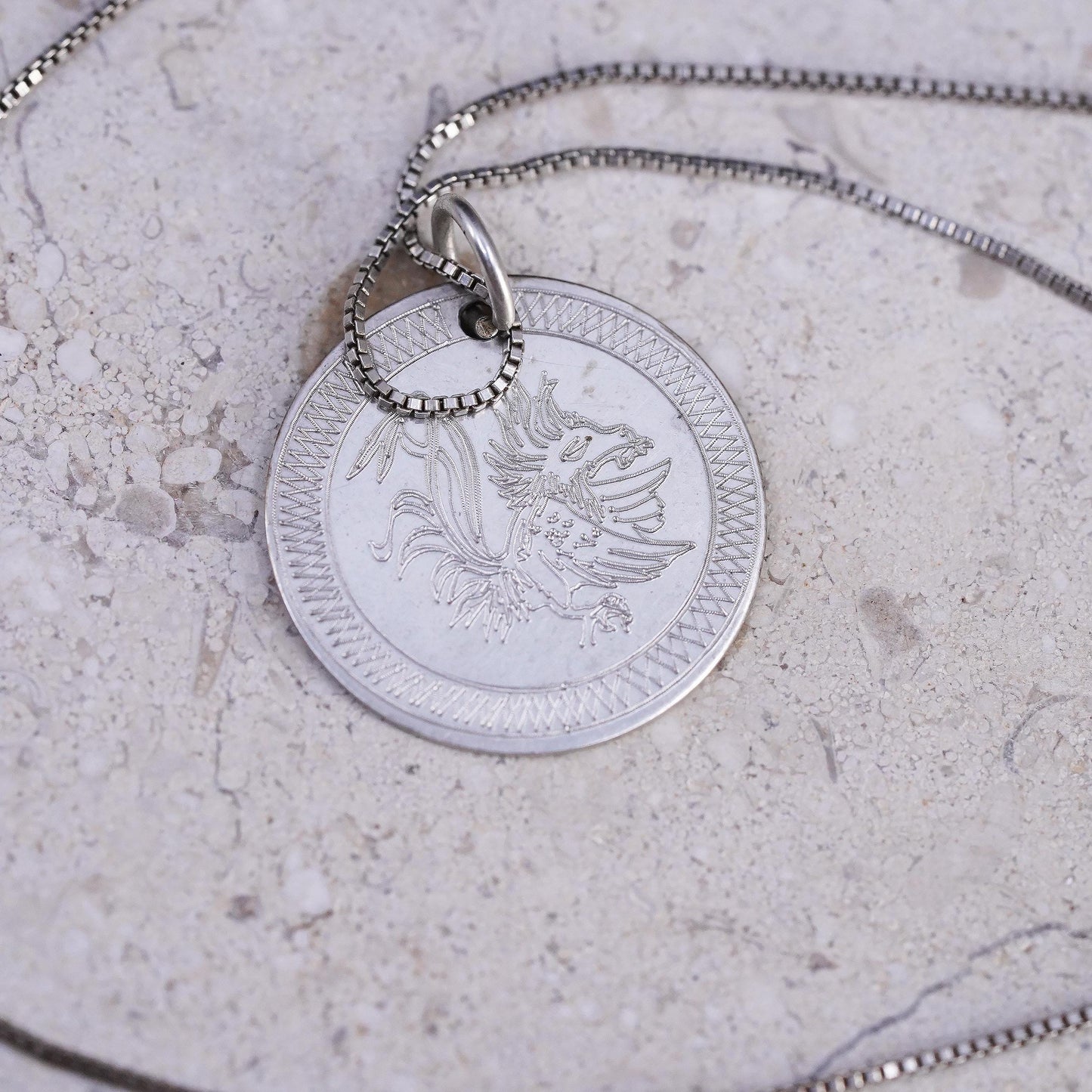 20" Sterling Silver 925 Coin Pendant Necklace Asian Mythical Dragon Medallion