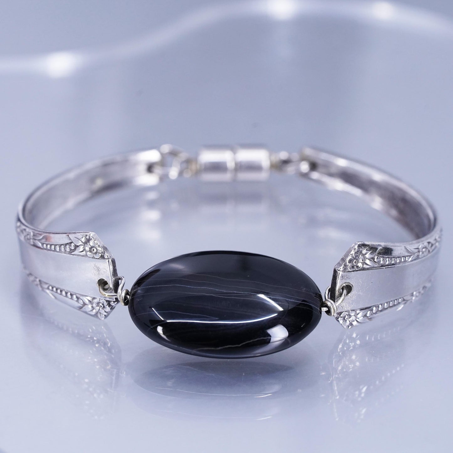 6.75”, Vintage silver tone handmade bracelet, spoon bangle with onyx